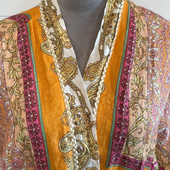 Magaschoni 100% Linen Orange Yellow Wrap Midi Dress, Size Small - Picture 4 of 12